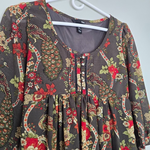 H&M Womens Babydoll Tunic Dress SIZE 4 Boho Peacock Bird Floral Lined 3/4 Sleeve - Picture 3 of 13